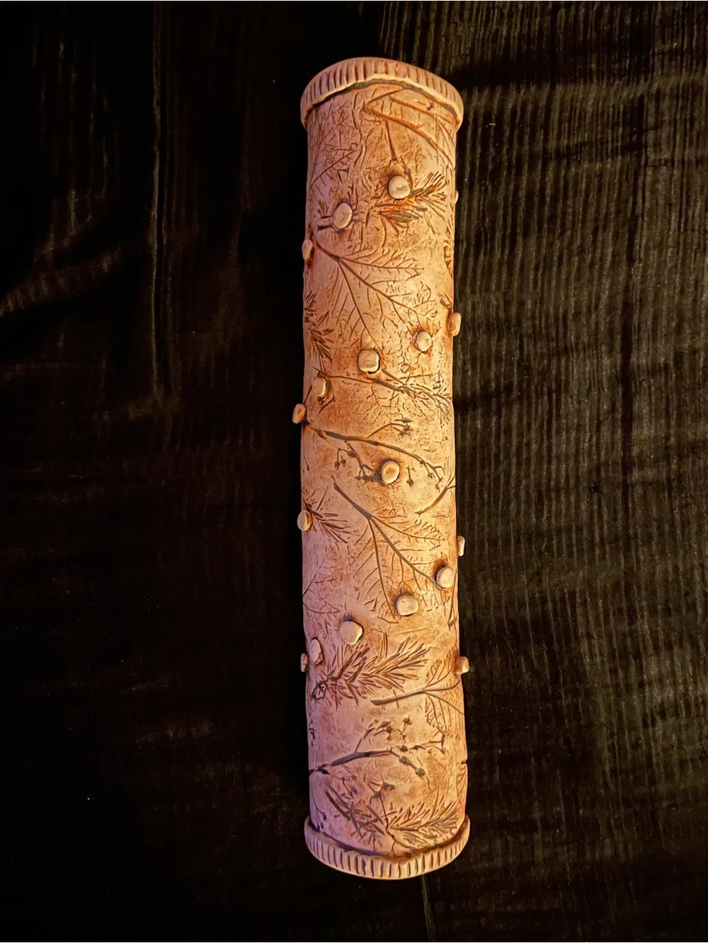 Vintage Handcrafted Tan Ceramic Rainstick with Botanical Relief